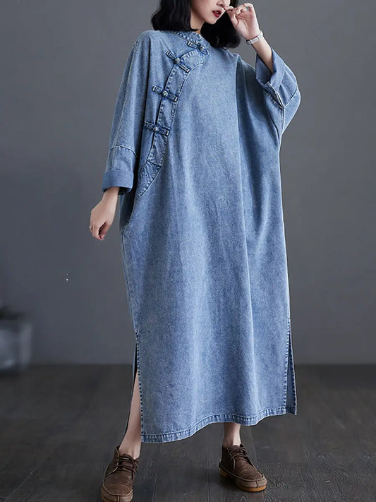 Women Ethnic Vintage Spring Buckle Denim Loose Dress Ada Fashion