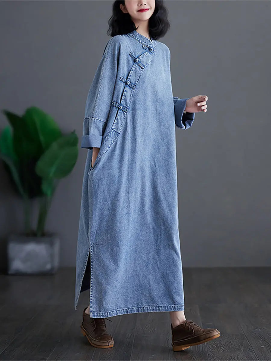 Women Ethnic Vintage Spring Buckle Denim Loose Dress Ada Fashion