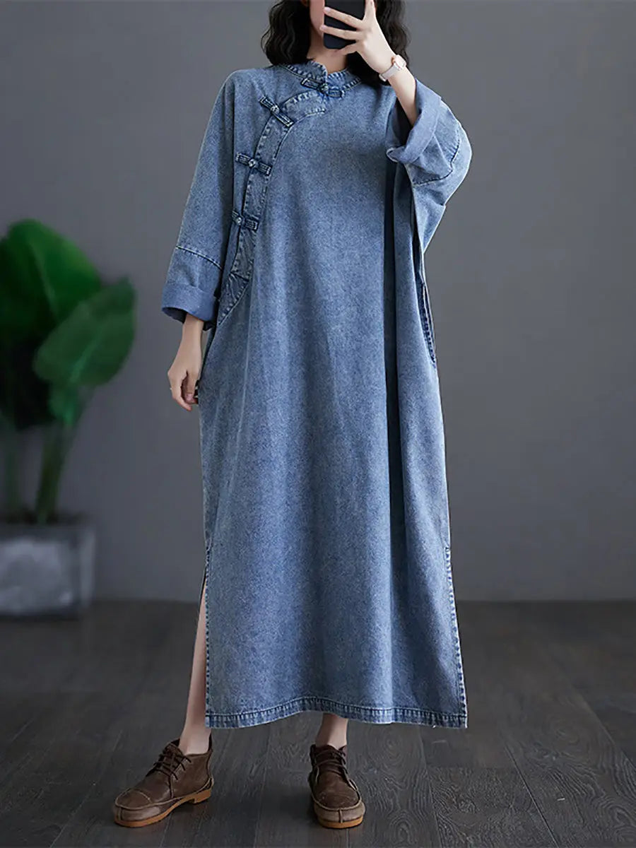 Women Ethnic Vintage Spring Buckle Denim Loose Dress Ada Fashion