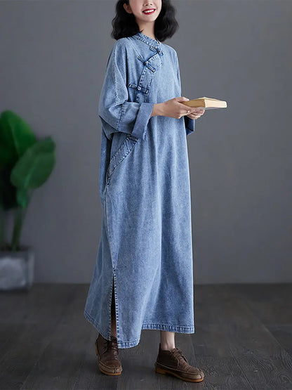 Women Ethnic Vintage Spring Buckle Denim Loose Dress Ada Fashion