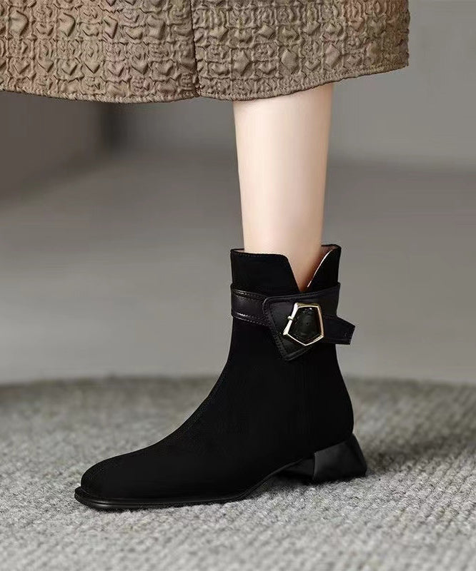 Women Fashion Splicing Chunky Boots Black Suede RD009