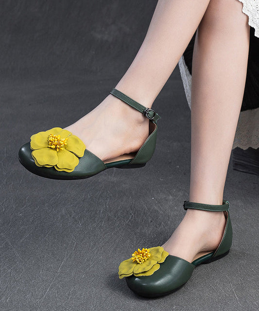 Women Floral Splicing Walking Sandals Green Cowhide Leather YC014