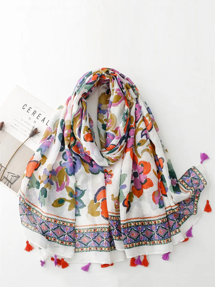 Women Flower Print Travel Tassel Shawl Scarf Ada Fashion