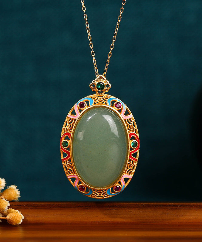 Women Gold Copper Overgild Jade Enamel Auspicious Clouds Pendant Necklace KX1058