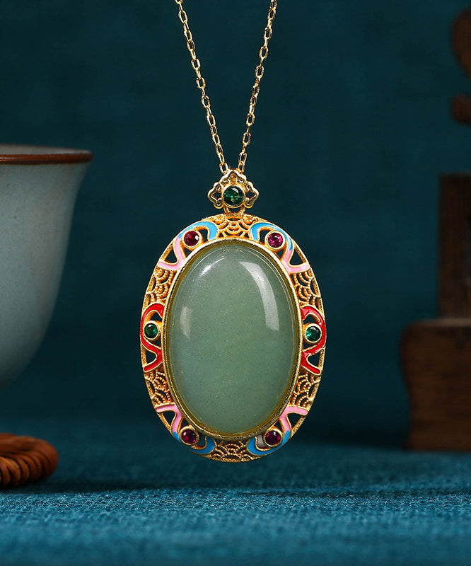 Women Gold Copper Overgild Jade Enamel Auspicious Clouds Pendant Necklace KX1058