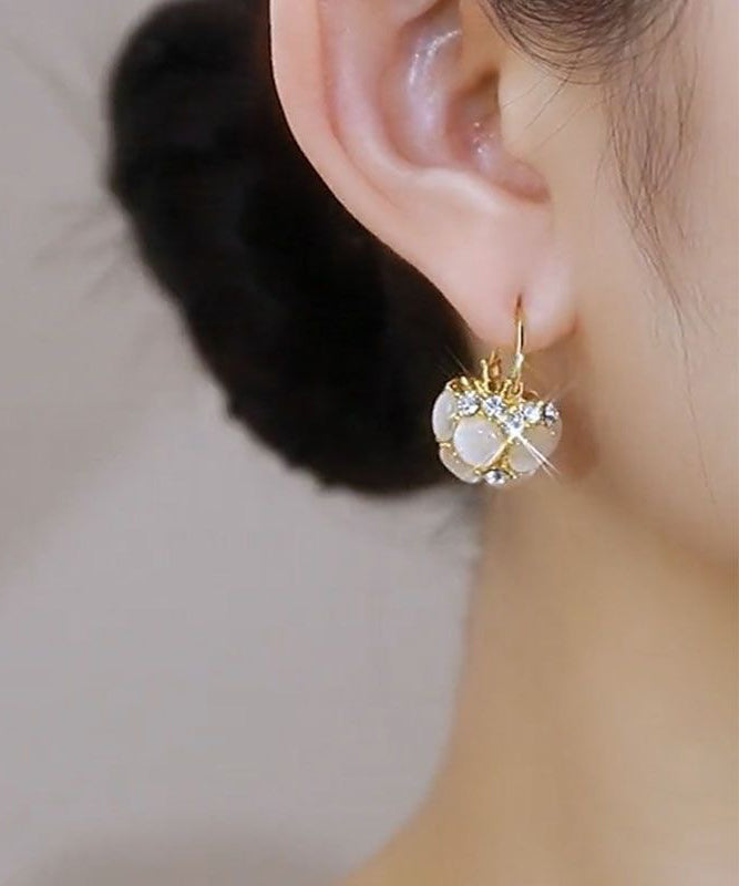 Women Gold Sterling Silver Overgild Cat Eye Stone Flower Basket Hoop Earrings WH025