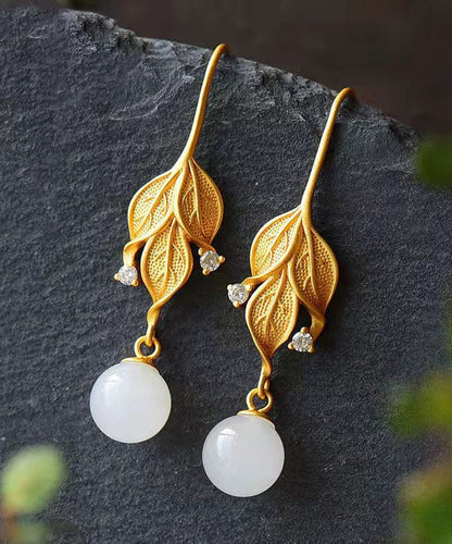 Women Gold Sterling Silver Overgild Zircon Jade Leaf Drop Earrings QQ075