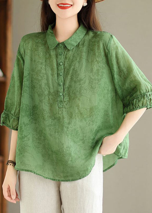 Women Green Button Print Linen Shirt Summer GG052