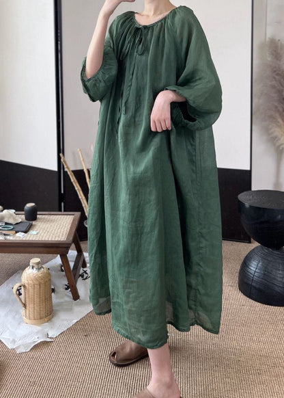 Robe longue en lin uni à lacets pour femme, vert, automne, MN053