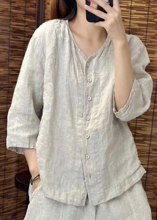 Summer Shirt Neck O Women Linen Button Green
