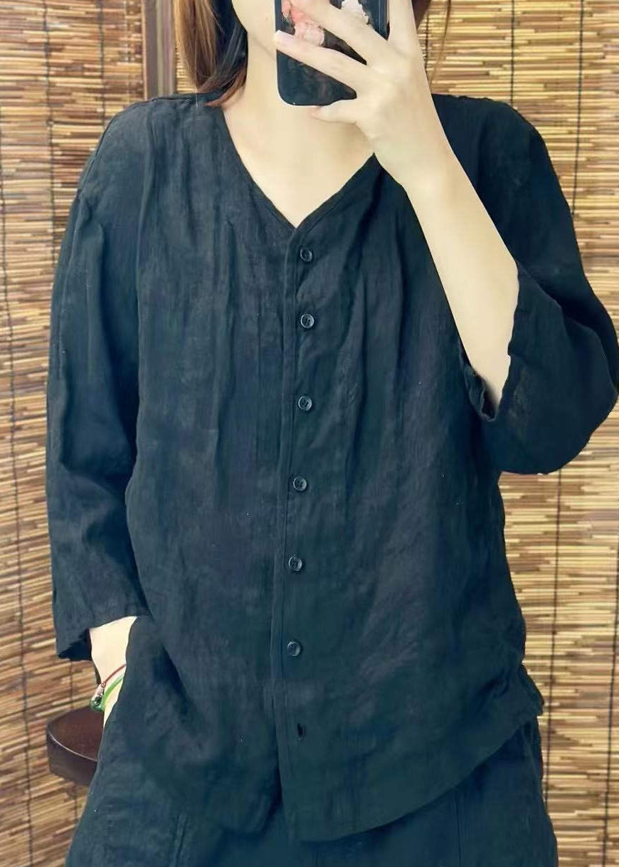 Summer Shirt Neck O Women Linen Button Green