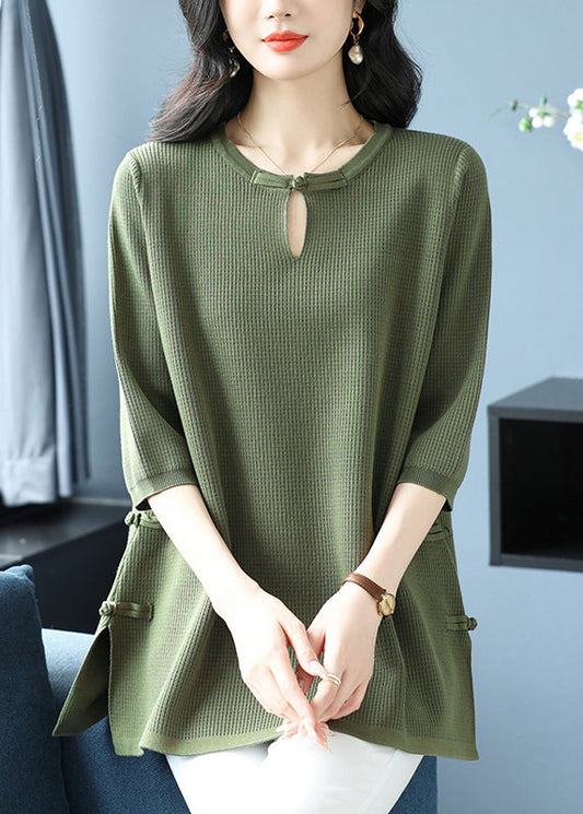 Haut en tricot de soie glacée à col rond et boutons orientaux pour femme, vert, printemps RL038
