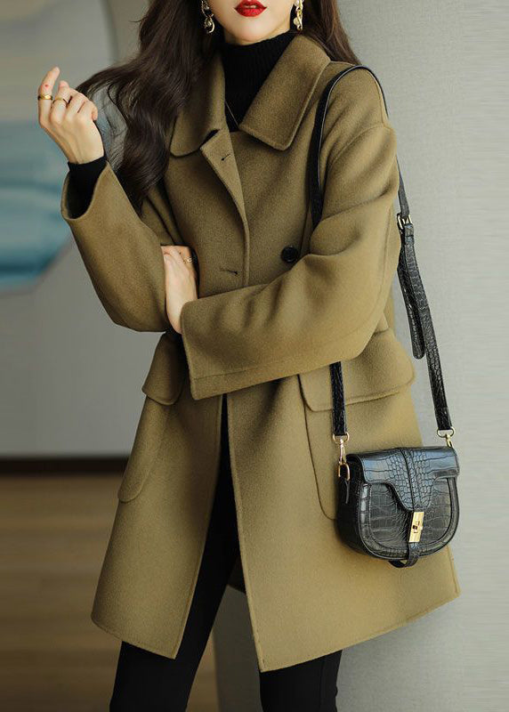 Women Green Peter Pan Collar Button Pockets Woolen Coat Winter RS024