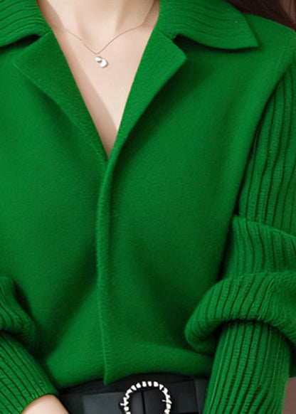 Frauen Grün Peter Pan Kragen Stilvolle Strick Pullover Frühling TO013