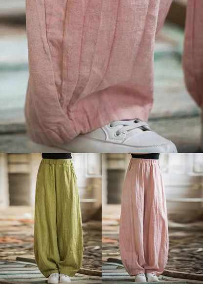 Women Green Pockets Elastic Waist Linen Pants Summer Ada Fashion