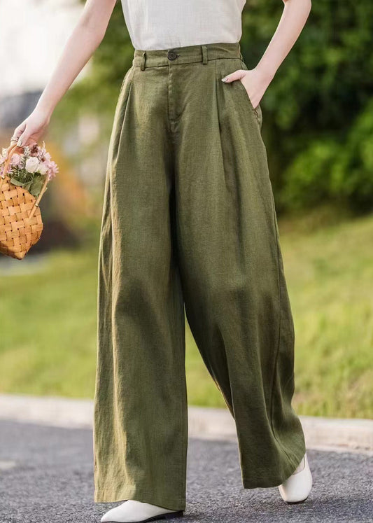 Pantalon d'été à poches droites pour femme en lin vert