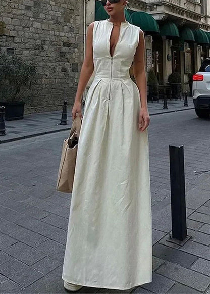 Kragen Schlank Grün Plissee Runde Kleid Frauen Maxi Ärmellose