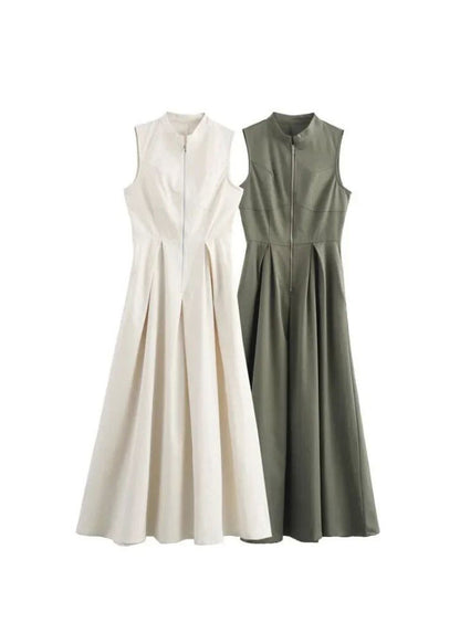 Kragen Schlank Grün Plissee Runde Kleid Frauen Maxi Ärmellose
