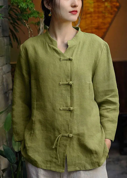 Women Green Stand Collar Button Linen Coats Long Sleeve Ada Fashion