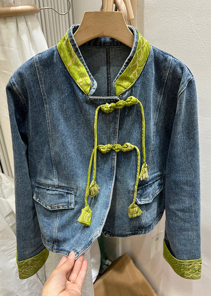 Women Green Stand Collar Chinese Button Denim Coat Spring Ada Fashion