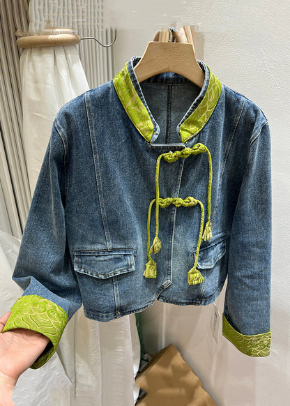 Women Green Stand Collar Chinese Button Denim Coat Spring Ada Fashion