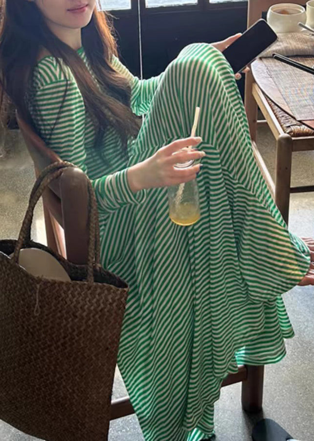 Women Green Striped Backless Cotton T Shirt Dress Long Sleeve KK042