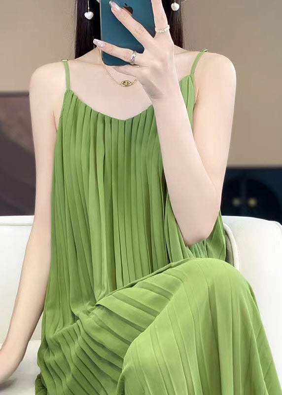 Women Green Wrinkled Solid Cotton Spaghetti Strap Dress Sleeveless AB1013