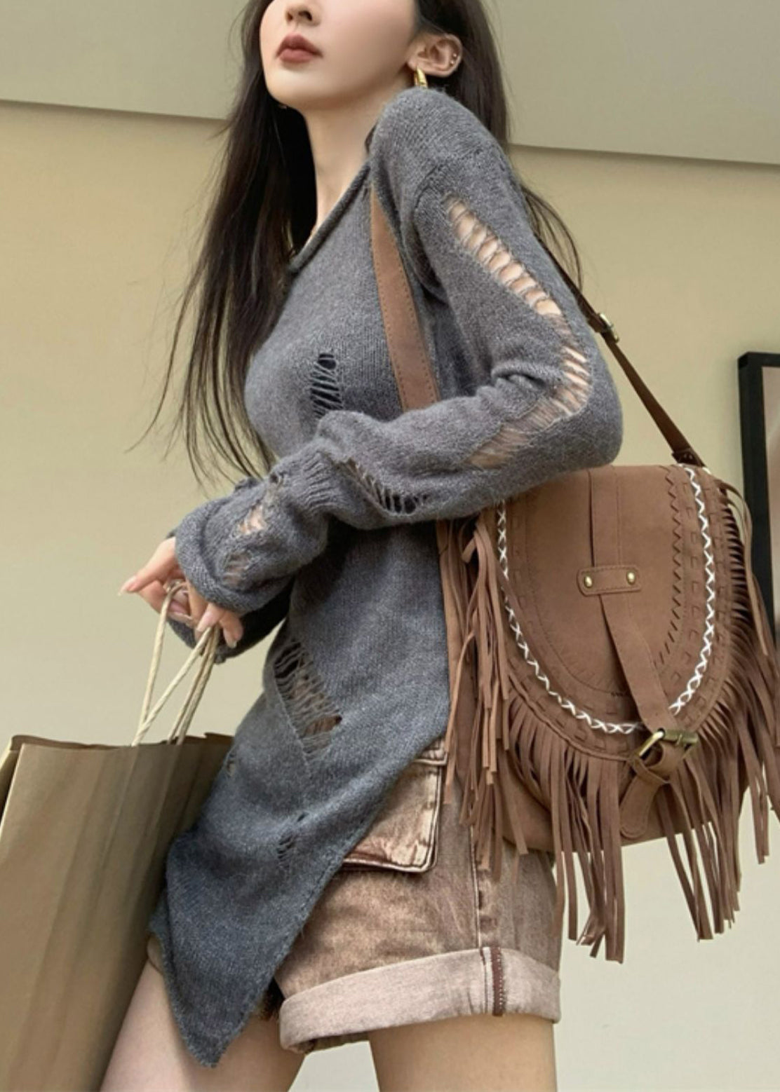 Hollow Spring Asymmetrical Knit Sweater Out Grey Women