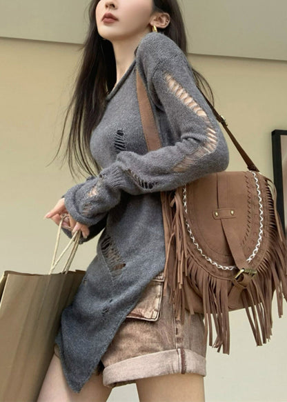 Hollow Spring Asymmetrical Knit Sweater Out Grey Women