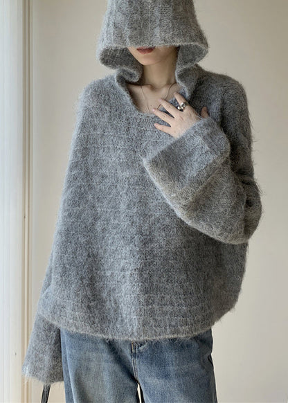 Pull en tricot de coton uni à capuche gris pour femme Hiver WY024