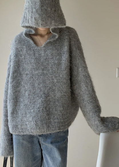 Pull en tricot de coton uni à capuche gris pour femme Hiver WY024