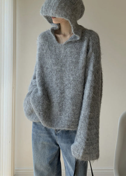 Pull en tricot de coton uni à capuche gris pour femme Hiver WY024