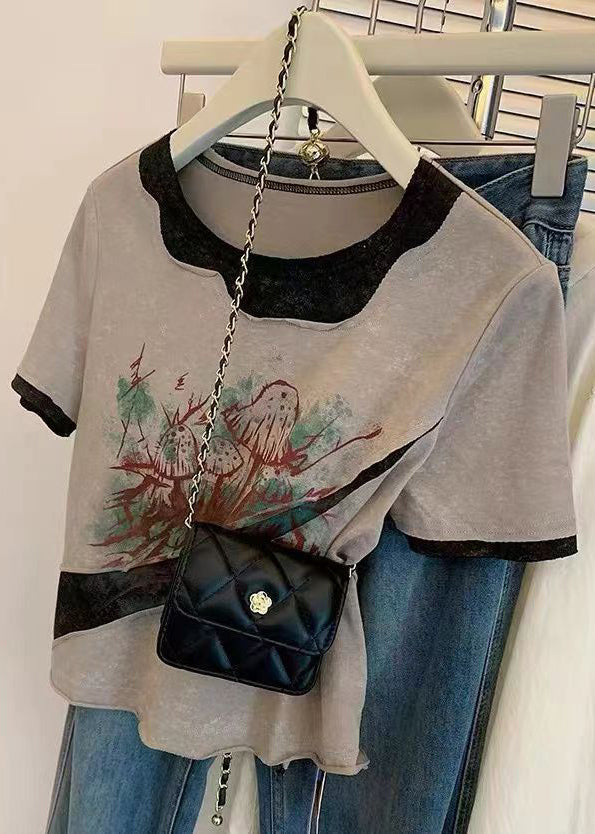 Frauen Grau O Neck Print Patchwork Baumwolle T Shirts Sommer OP1027