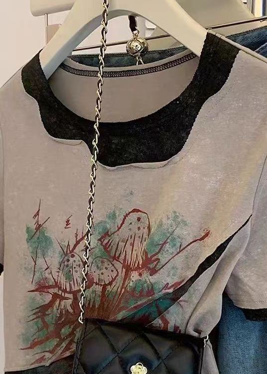 Frauen Grau O Neck Print Patchwork Baumwolle T Shirts Sommer OP1027