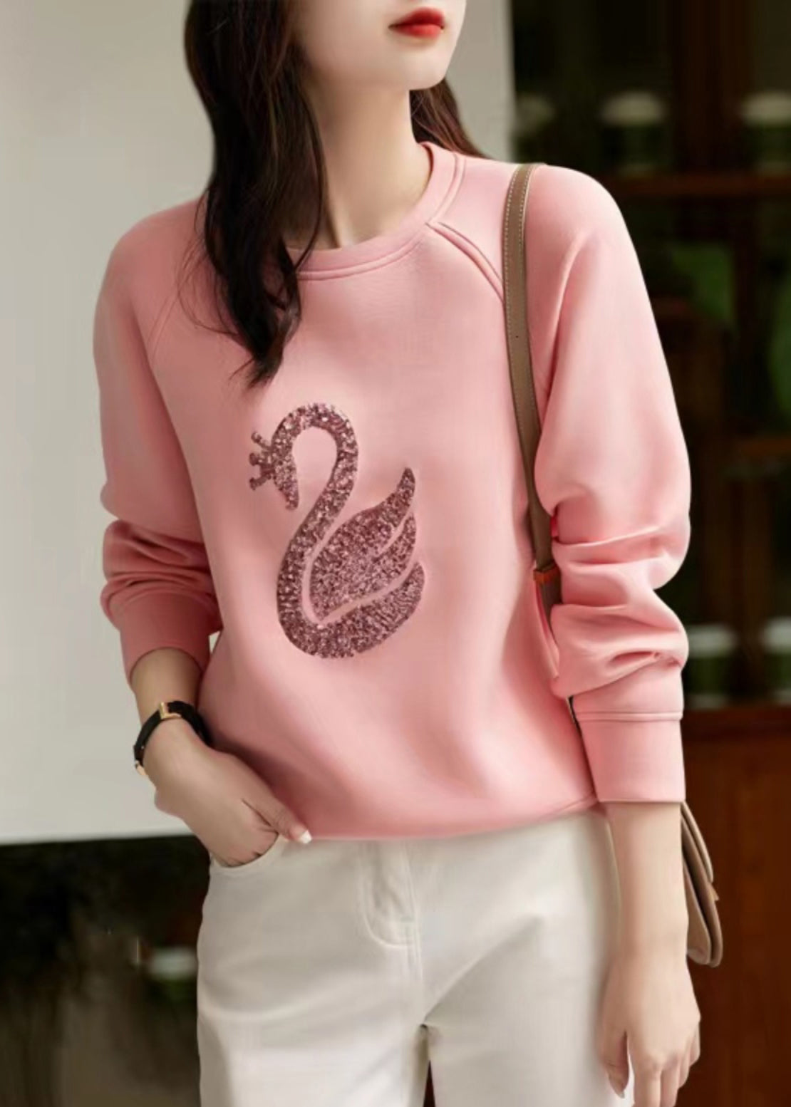 Sweatshirt Damen Hals O Pailletten Frühling Grau Baumwolle