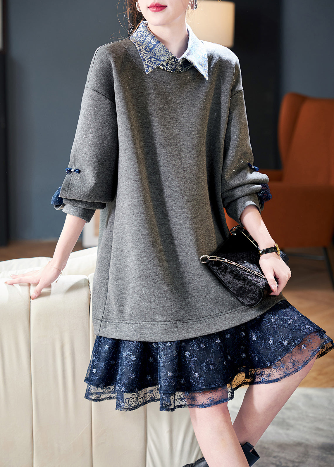 Frauen Grau Peter Pan Kragen Patchwork Falsche Zwei Stücke Baumwolle Kleid Frühling RL022