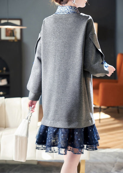 Frauen Grau Peter Pan Kragen Patchwork Falsche Zwei Stücke Baumwolle Kleid Frühling RL022