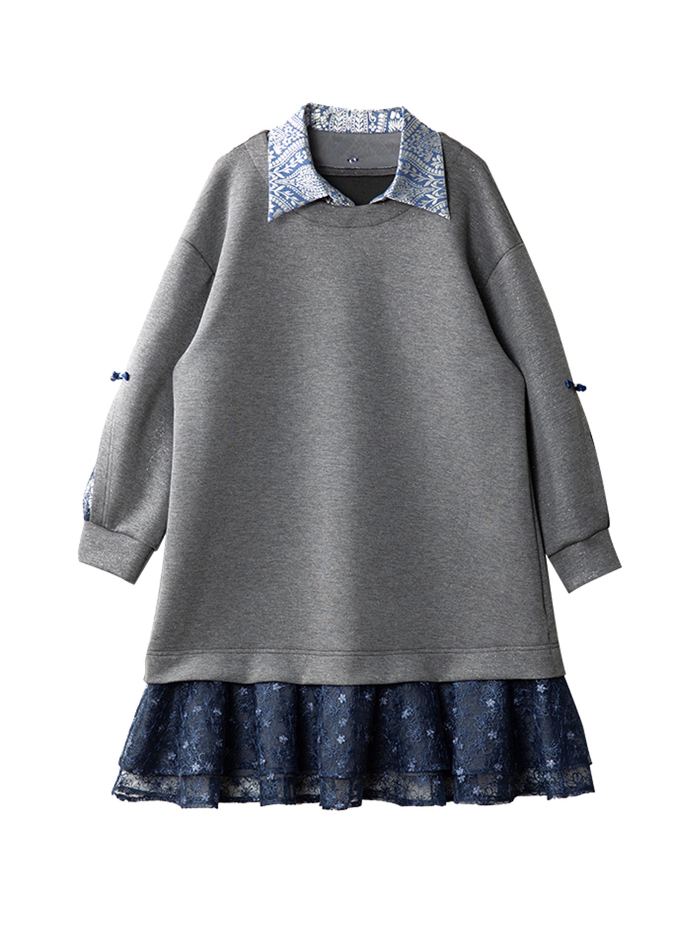 Frauen Grau Peter Pan Kragen Patchwork Falsche Zwei Stücke Baumwolle Kleid Frühling RL022