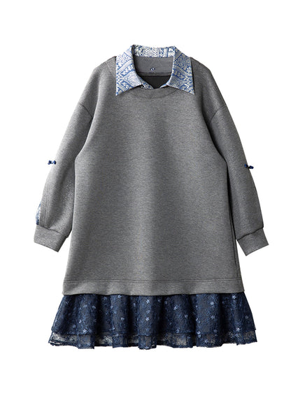 Frauen Grau Peter Pan Kragen Patchwork Falsche Zwei Stücke Baumwolle Kleid Frühling RL022