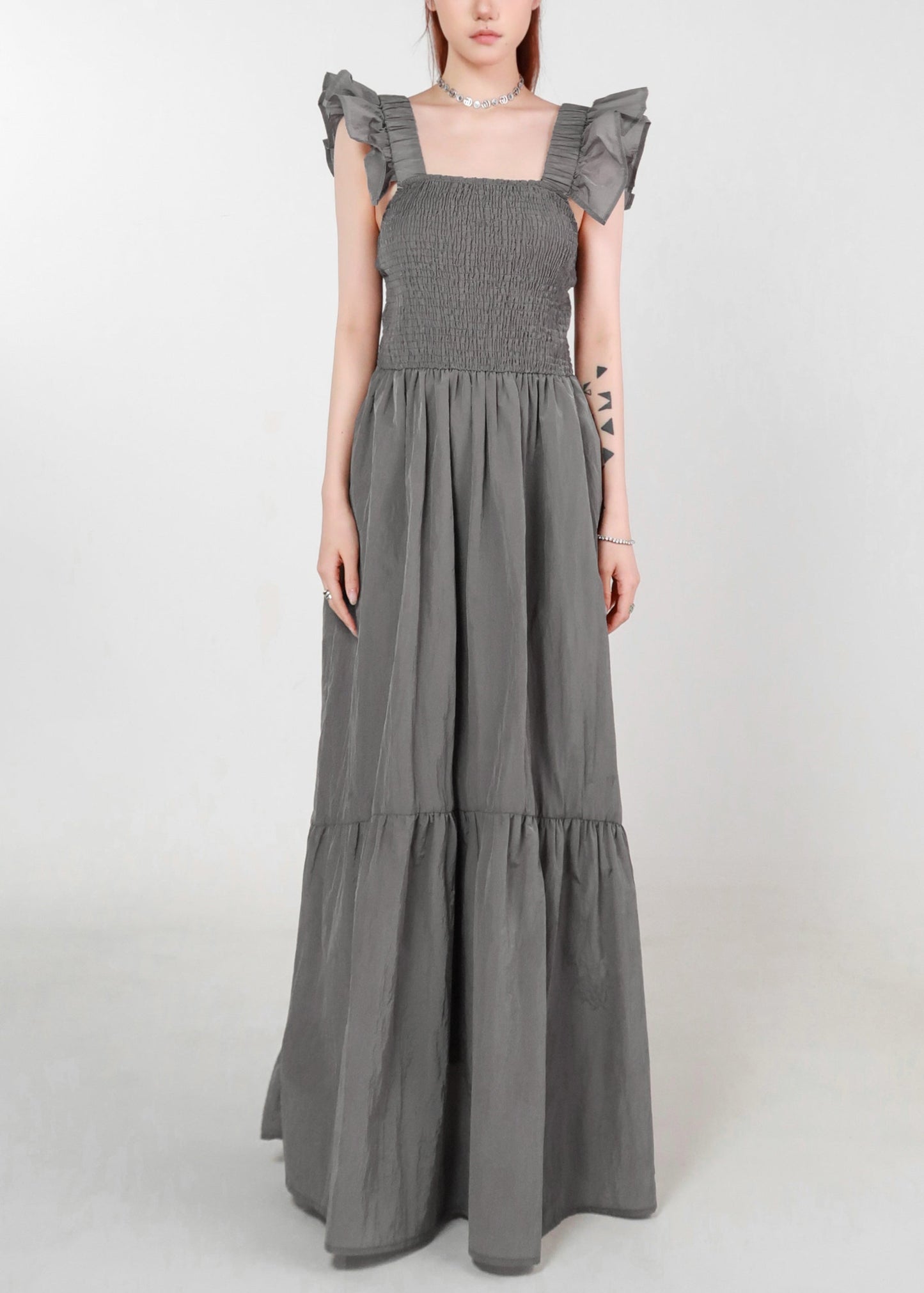 Women Grey Pockets High Waist Cotton Long Dress Summer ZL074