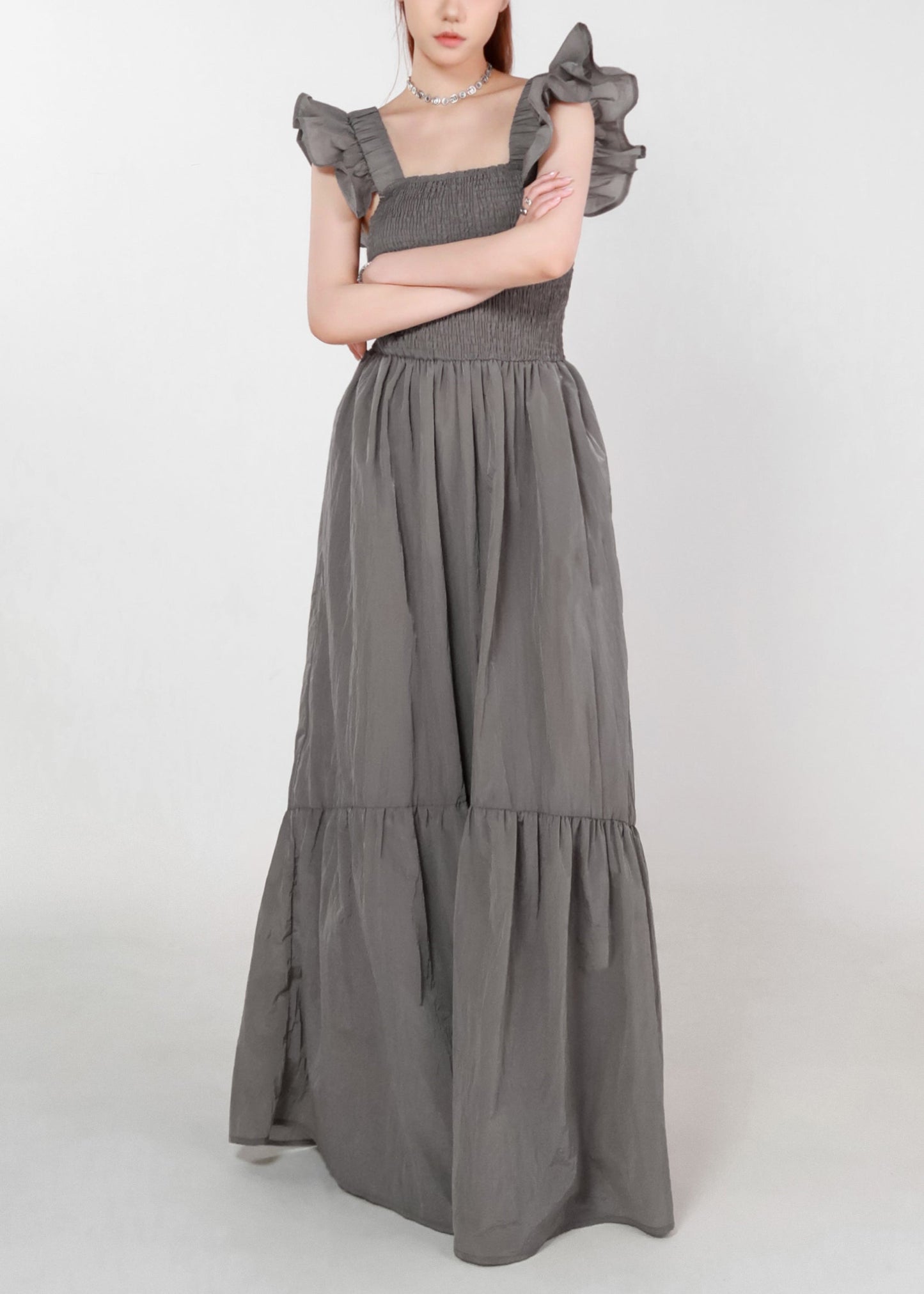 Women Grey Pockets High Waist Cotton Long Dress Summer ZL074