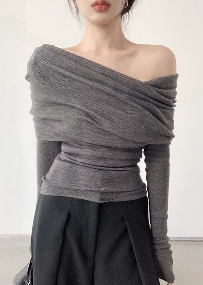 Haut à col en V gris uni froissé pour femme, tricot de printemps