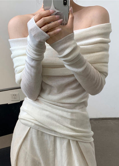 Haut à col en V gris uni froissé pour femme, tricot de printemps