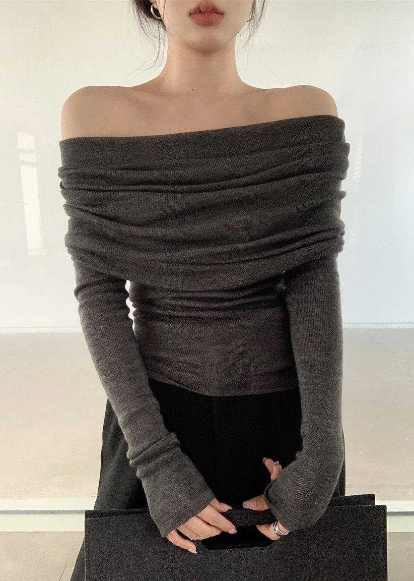 Haut à col en V gris uni froissé pour femme, tricot de printemps