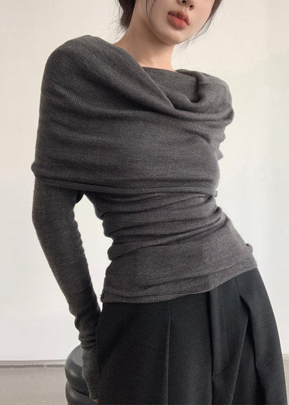 Haut à col en V gris uni froissé pour femme, tricot de printemps