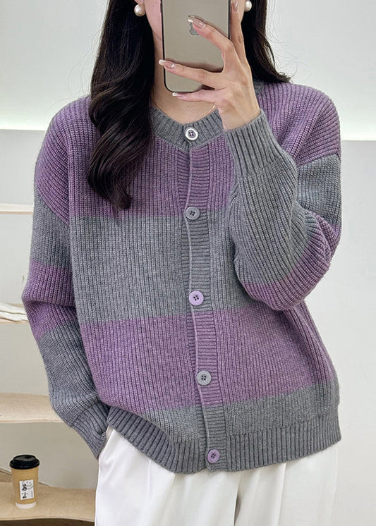 Women Grey Striped Button Knit Cardigan Fall QG013