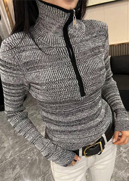 Damen Grau Gestreifter Reißverschluss Reißverschluss Baumwolle Strickpullover Frühling TO028