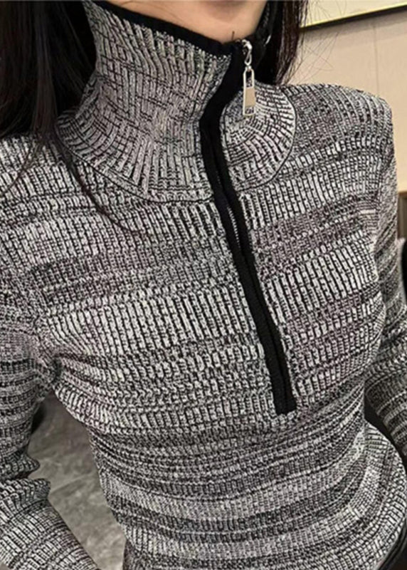 Pull en tricot de coton à rayures grises pour femme, fermeture éclair, printemps TO028