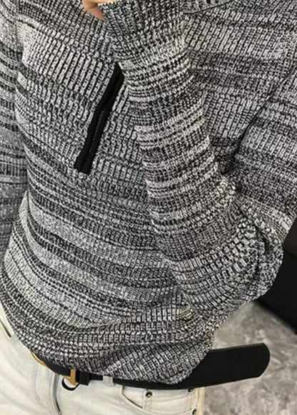 Pull en tricot de coton à rayures grises pour femme, fermeture éclair, printemps TO028