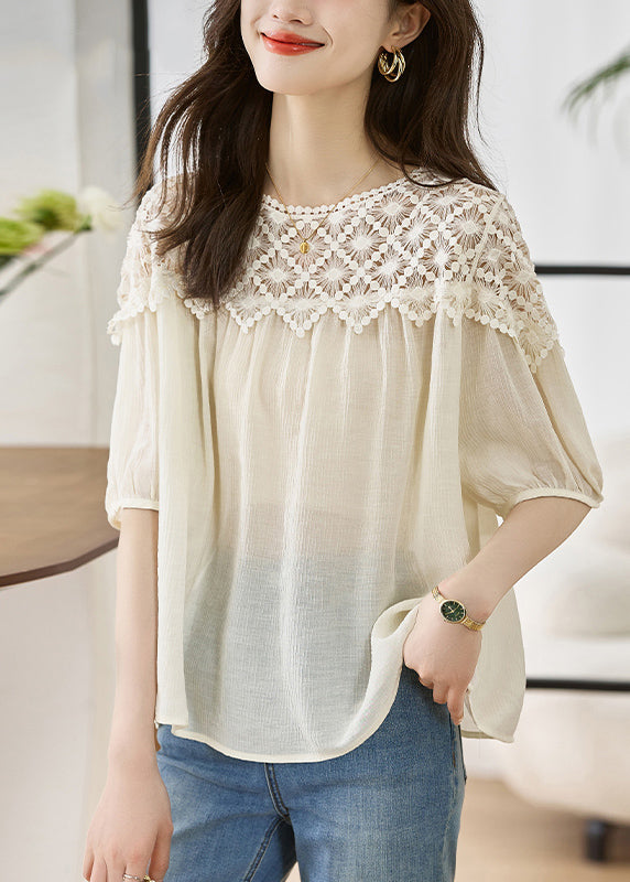 Frauen Khaki O Neck Spitze Patchwork Baumwolle Top Laterne Ärmel TH033